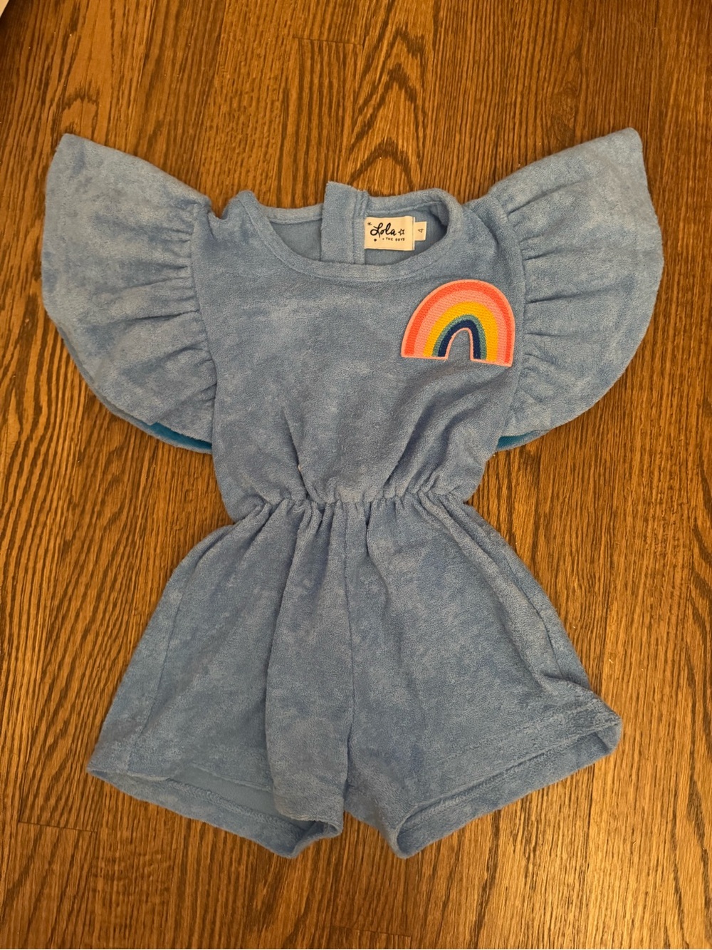 Lola + The Boys Sky Blue Terry Romper with Rainbow Applique